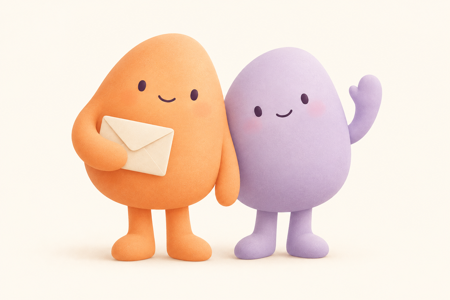 Two little Twyn characters: an apricot twin holding an envelope and a lilac twin waving hello.